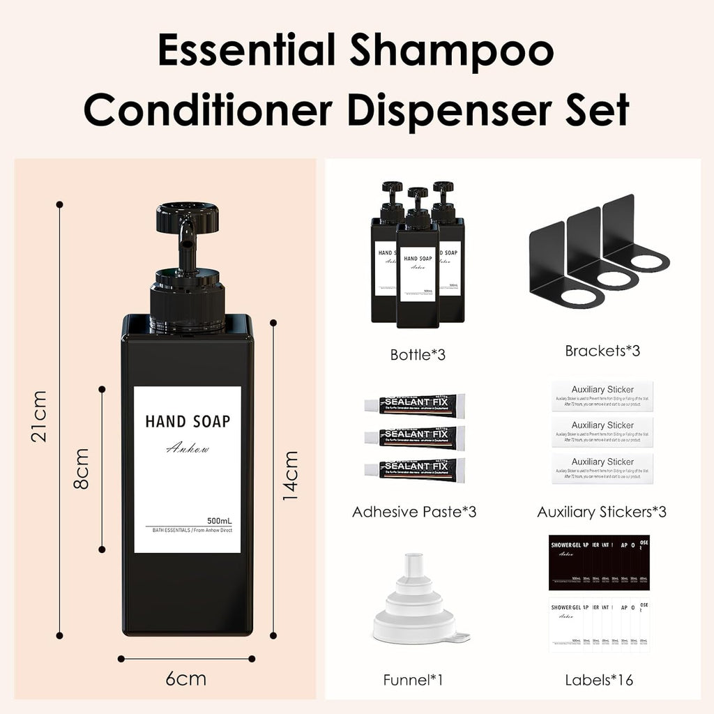 3 Piece Shampoo & Conditioner Dispenser, 500ml Wall-Mounted Dispenser