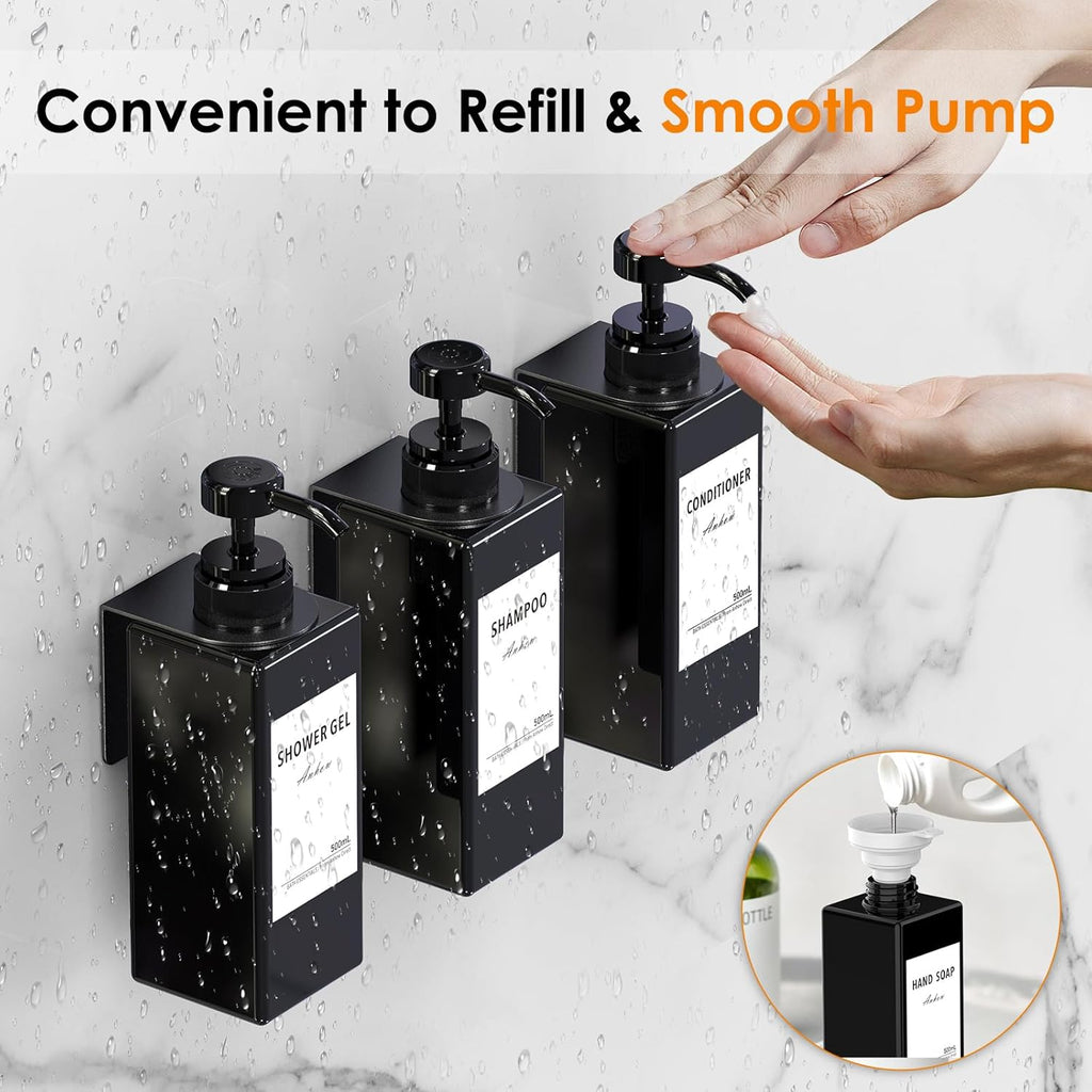3 Piece Shampoo & Conditioner Dispenser, 500ml Wall-Mounted Dispenser