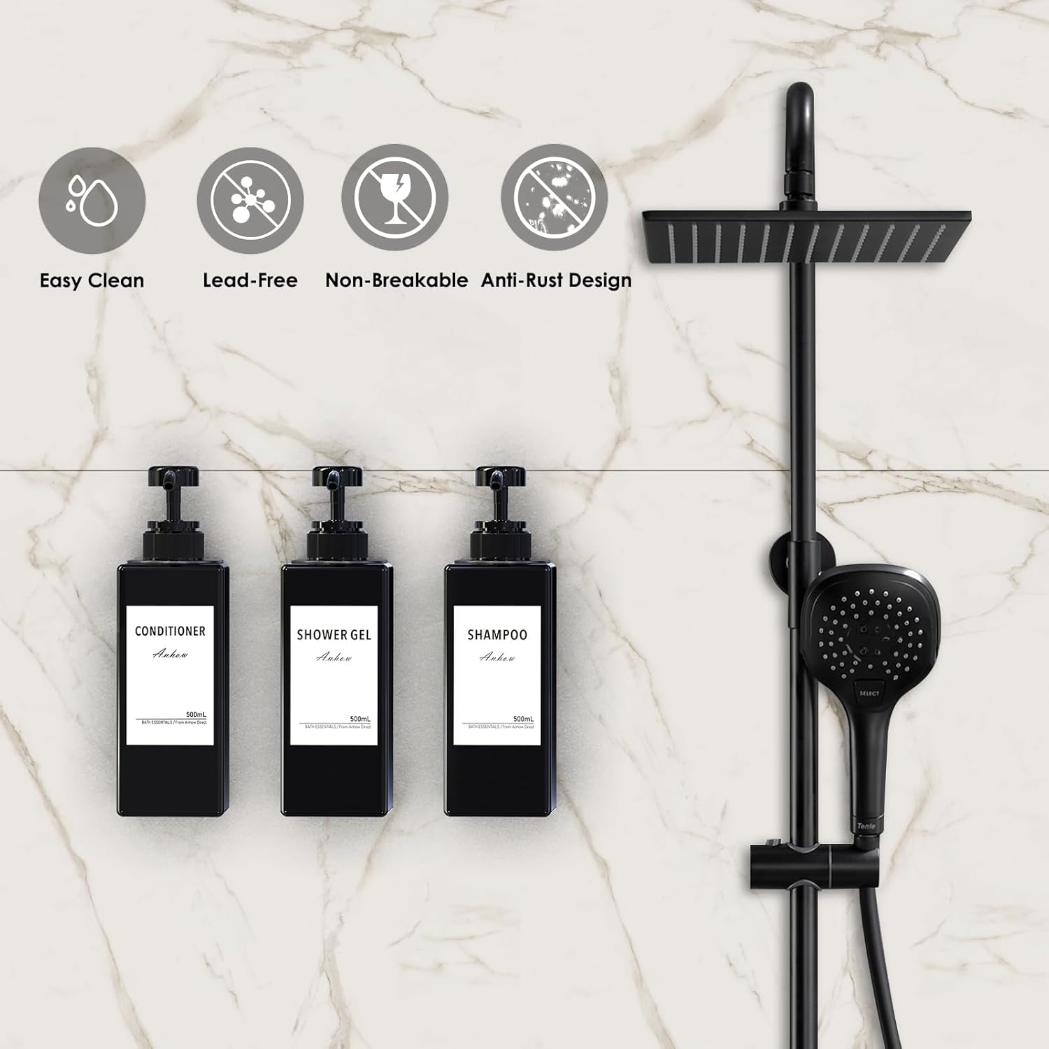 3 Piece Shampoo & Conditioner Dispenser, 500ml Wall-Mounted Dispenser
