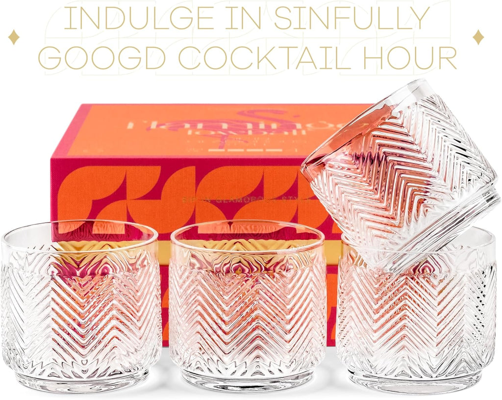 Set of 4 | Vintage Flamingo Lowball Cocktail Glasses